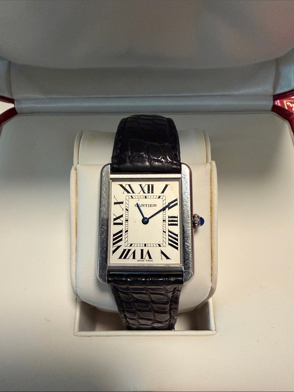 Cartier Silver Dial Watch with Black Leather Strap